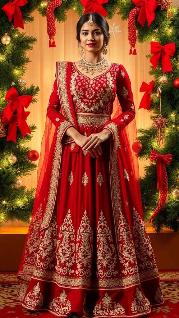 Traditional Indian Christmas dress in red and gold with embroidery, set against a festive background.